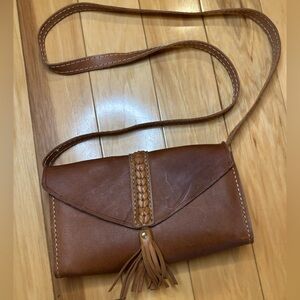 Full-Grain Leather Envelope Clutch Leather Crossbody Bag with Braided Tassel